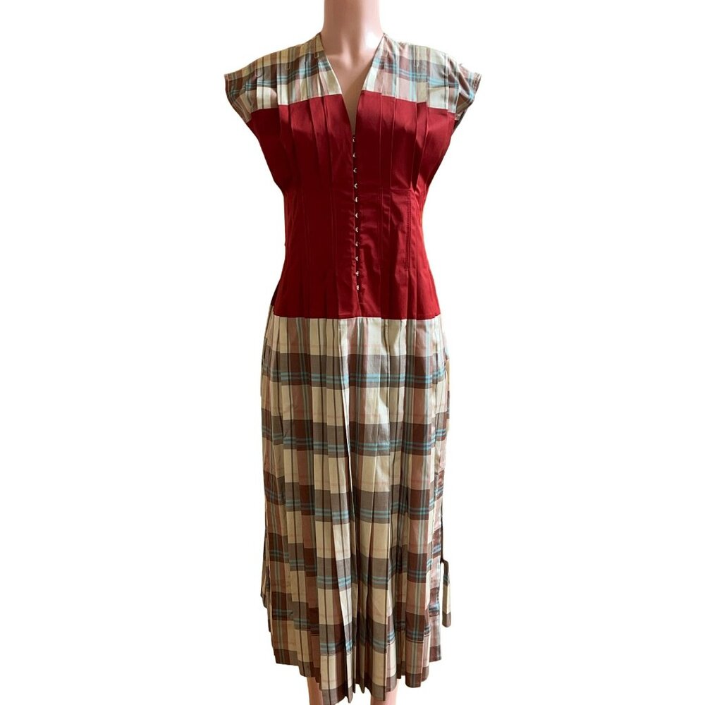T-178. Tory Burch Madras Plaid Silk Clear Dress McCardell Madras Plaid Red US 4 - Picture 6 of 11